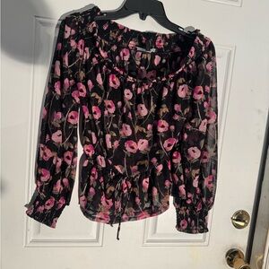 White House Black Market Black Sheer Blouse with Pink Floral Print